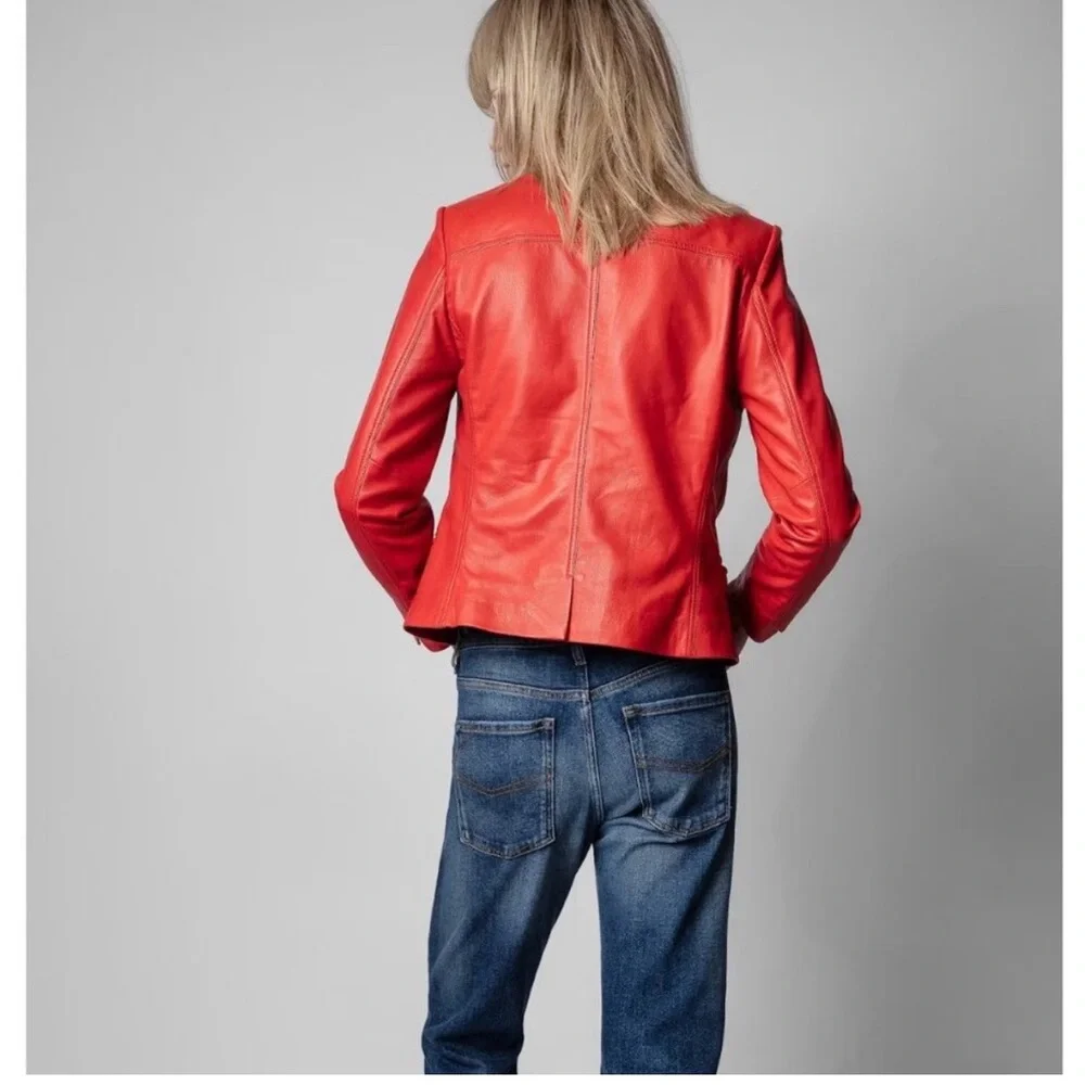 Zadig & Voltaire Red Orange Liam Leather Button-Front Jacket - Picture 3 of 9